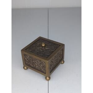 Vintage Heavy Solid Brass Trinket Box W Feet and Intricate Floral Design 1.6 Lbs